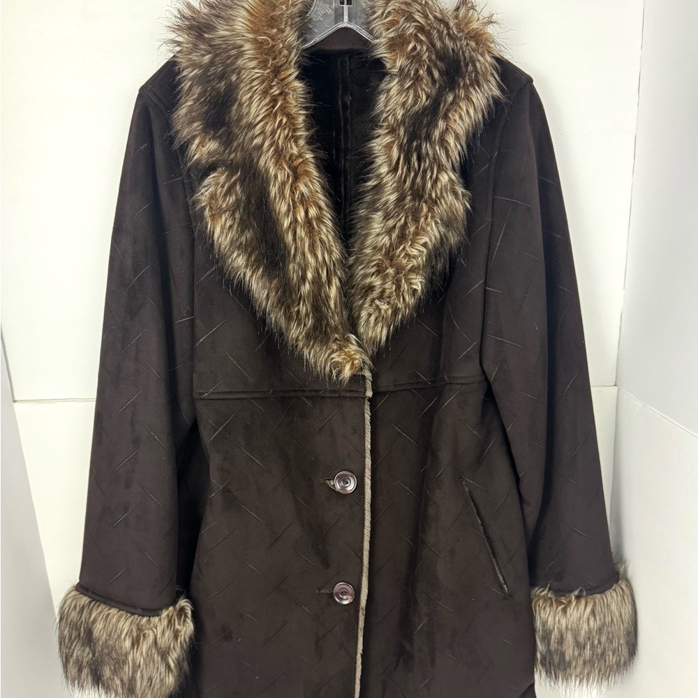Vintage UTEX Design Coat Women's Medium Brown Faux Suede Fur Trimmed